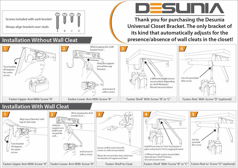 Desunia Closet Rod & Shelf Support Bracket | Compensates for Â¾â€ Shelf Cleat | Fits All Round Wardrobe Poles up to 1 Â½â€ | White | 2 Pack - Image 4